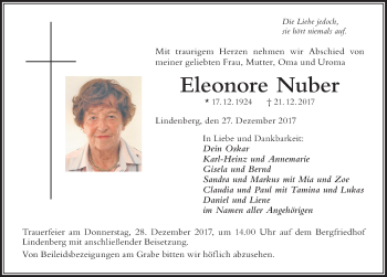Traueranzeige von Eleonore Nuber von Der Westallgäuer
