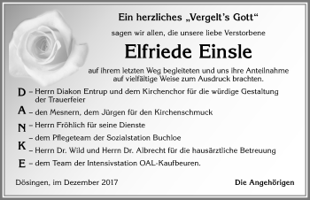 Traueranzeige von Elfriede Einsle von Allgäuer Zeitung, Kaufbeuren/Buchloe