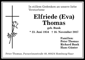 Traueranzeige von Elfriede Thomas von Allgäuer Anzeigeblatt