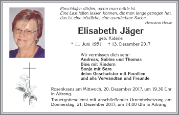 Traueranzeige von Elisabeth Jäger von Allgäuer Zeitung, Marktoberdorf