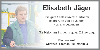 Traueranzeige von Elisabeth Jäger von Allgäuer Zeitung, Marktoberdorf