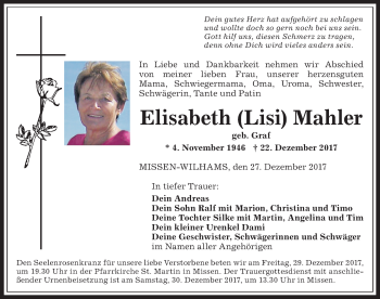 Traueranzeige von Elisabeth  Mahler von Allgäuer Anzeigeblatt