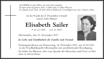 Traueranzeige von Elisabeth Sailer von Der Westallgäuer