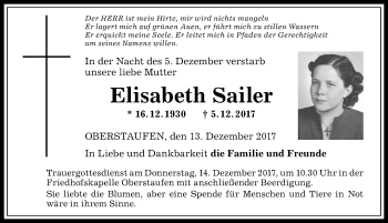 Traueranzeige von Elisabeth Sailer von Allgäuer Anzeigeblatt