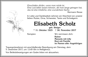 Traueranzeige von Elisabeth Scholz von Allgäuer Zeitung,Kempten