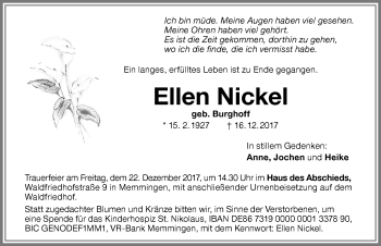 Traueranzeige von Ellen Nickel von Memminger Zeitung