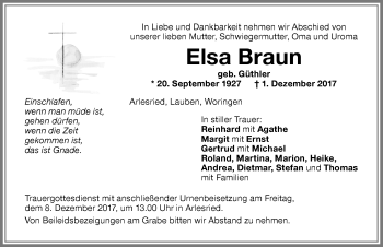 Traueranzeige von Elsa Braun von Memminger Zeitung