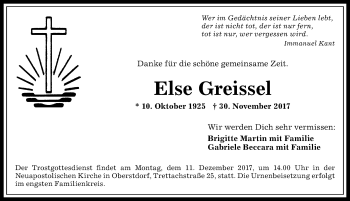 Traueranzeige von Else Greissel von Allgäuer Anzeigeblatt
