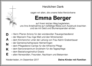 Traueranzeige von Emma Berger von Memminger Zeitung