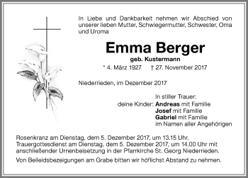 Traueranzeige von Emma Berger von Memminger Zeitung