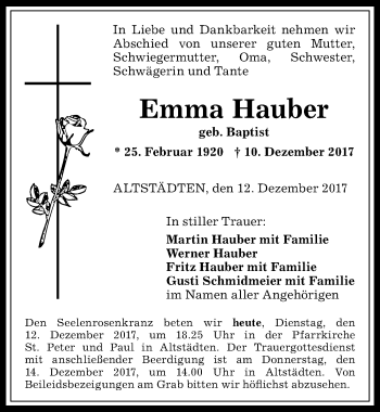 Traueranzeige von Emma Hauber von Allgäuer Anzeigeblatt
