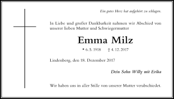 Traueranzeige von Emma Milz von Der Westallgäuer