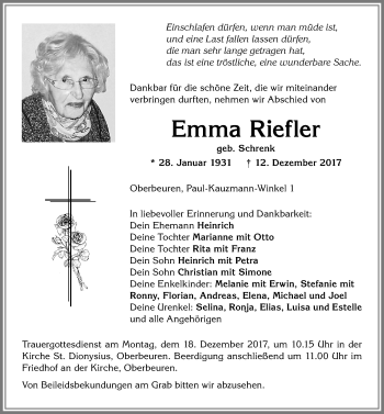 Traueranzeige von Emma Riefler von Allgäuer Zeitung, Kaufbeuren/Buchloe