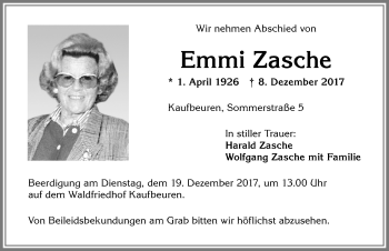 Traueranzeige von Emmi Zasche von Allgäuer Zeitung, Kaufbeuren/Buchloe
