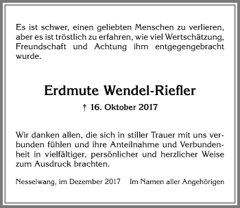 Traueranzeige von Erdmute Wendel-Riefler von Allgäuer Zeitung, Füssen