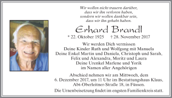 Traueranzeige von Erhard Brandl von Allgäuer Zeitung, Füssen