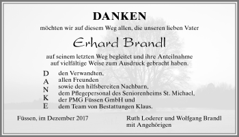 Traueranzeige von Erhard Brandl von Allgäuer Zeitung, Füssen