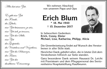 Traueranzeige von Erich Blum von Allgäuer Zeitung, Kaufbeuren/Buchloe