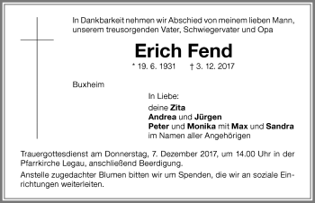 Traueranzeige von Erich Fend von Memminger Zeitung