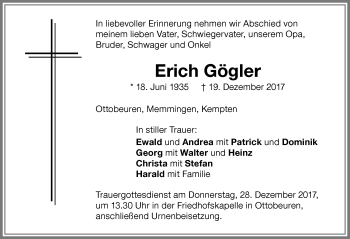 Traueranzeige von Erich Gögler von Memminger Zeitung