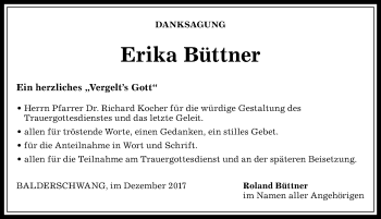 Traueranzeige von Erika Büttner von Allgäuer Anzeigeblatt