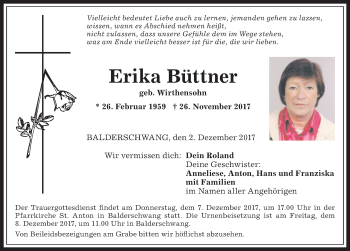 Traueranzeige von Erika Büttner von Allgäuer Anzeigeblatt