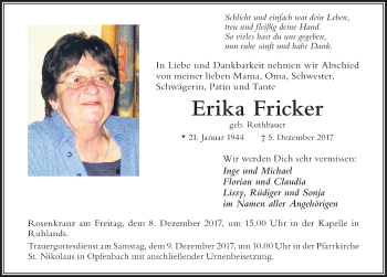 Traueranzeige von Erika Fricker von Der Westallgäuer