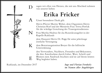 Traueranzeige von Erika Fricker von Der Westallgäuer