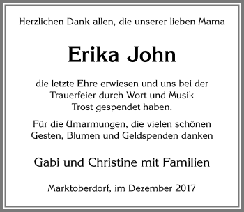 Traueranzeige von Erika John von Allgäuer Zeitung, Marktoberdorf