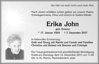 Traueranzeige von Erika John von Allgäuer Zeitung, Marktoberdorf