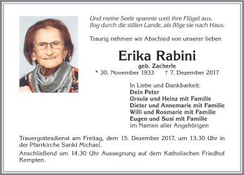 Traueranzeige von Erika Rabini von Allgäuer Zeitung,Kempten