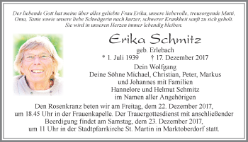 Traueranzeige von Erika Schmitz von Allgäuer Zeitung, Marktoberdorf