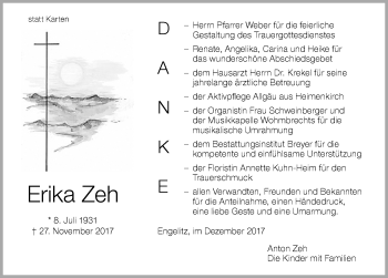Traueranzeige von Erika Zeh von Der Westallgäuer