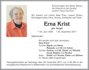 Traueranzeige von Erna Krist von Allgäuer Zeitung,Kempten