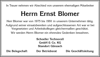 Traueranzeige von Ernst Blomer von Allgäuer Zeitung, Marktoberdorf
