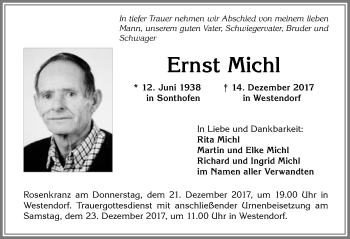 Traueranzeige von Ernst Michl von Allgäuer Zeitung, Kaufbeuren/Buchloe