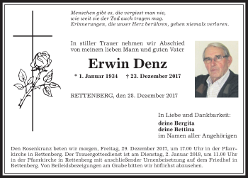 Traueranzeige von Erwin Denz von Allgäuer Anzeigeblatt