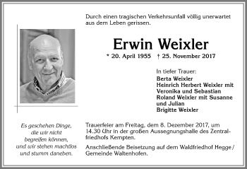 Traueranzeige von Erwin Weixler von Allgäuer Zeitung,Kempten