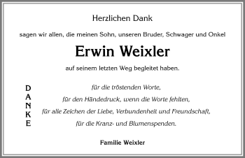 Traueranzeige von Erwin Weixler von Allgäuer Zeitung,Kempten