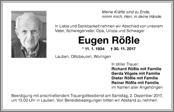 Traueranzeige von Eugen Rößle von Memminger Zeitung