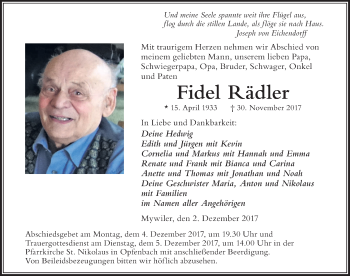 Traueranzeige von Fidel Rädler von Der Westallgäuer