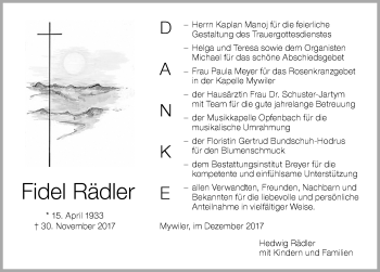 Traueranzeige von Fidel Rädler von Der Westallgäuer