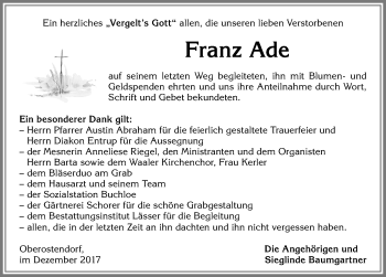 Traueranzeige von Franz Ade von Allgäuer Zeitung, Kaufbeuren/Buchloe