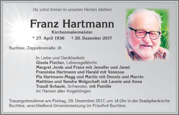 Traueranzeige von Franz Hartmann von Allgäuer Zeitung, Kaufbeuren/Buchloe