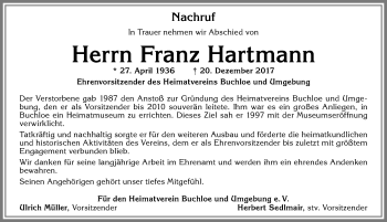 Traueranzeige von Franz Hartmann von Allgäuer Zeitung, Kaufbeuren/Buchloe