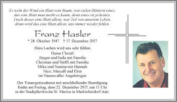 Traueranzeige von Franz Hasler von Allgäuer Zeitung, Marktoberdorf