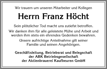 Traueranzeige von Franz Höcht von Allgäuer Zeitung, Kaufbeuren/Buchloe