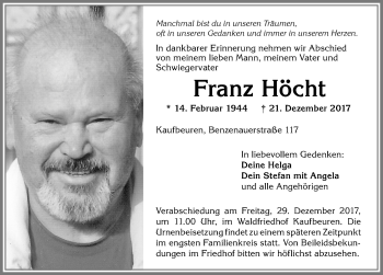 Traueranzeige von Franz Höcht von Allgäuer Zeitung, Kaufbeuren/Buchloe