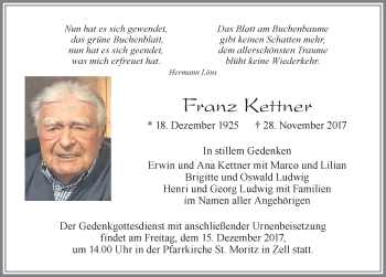Traueranzeige von Franz Kettner von Allgäuer Zeitung, Füssen