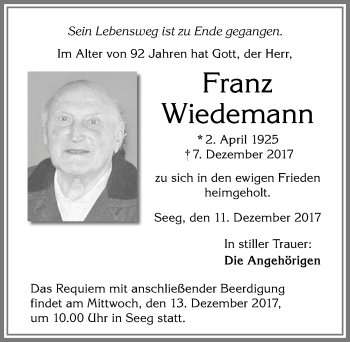 Traueranzeige von Franz Wiedemann von Allgäuer Zeitung, Füssen
